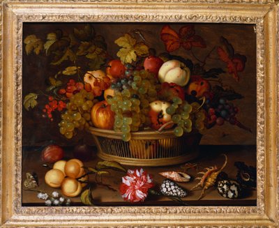 Grapes, Apples, a Peach and Plums in a Basket with Lily of the Valley by Balthasar van der Ast