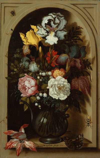 Irises, Roses, Lily of the Valley and other Flowers in a Glass Vase in a Niche by Balthasar van der Ast
