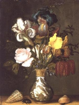 Irises, Roses and other flowers in a porcelain vase with shells by Balthasar van der Ast