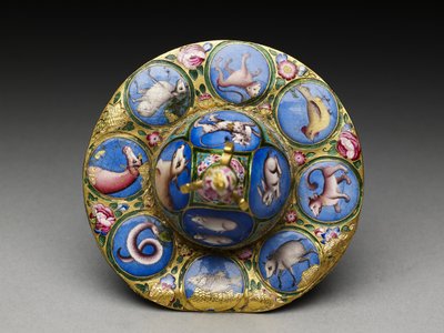 Lidded Bowl, Saucer and Spoon with Astrological Decoration by Baqir