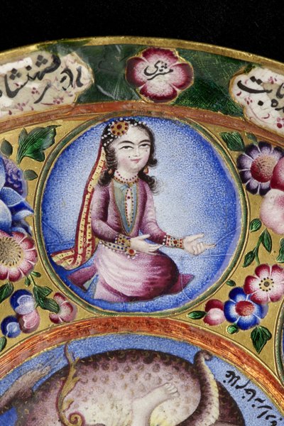 Lidded bowl, saucer and spoon with astrological decoration, early 19th century by Baqir Baqir
