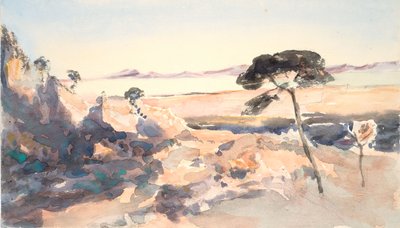 Landscape: Tree with Pink Mountains by Barbara Leigh Smith Bodichon
