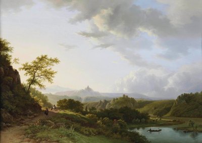 A Panoramic Summer Landscape with Travellers and a Castle Ruin in the Distance by Barend Cornelis Koekkoek