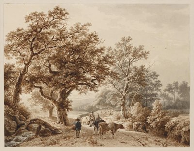 A Landscape with Heavy Oak Furnished with Cattle and Figures by Barend Cornelis Koekkoek
