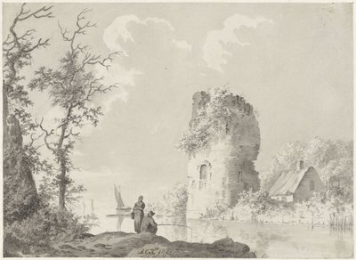 River Landscape with Tower and Angler by Barend Cornelis Koekkoek