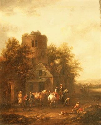 Riders Watering their Horses Outside a Tavern by Barend Gael or Gaal
