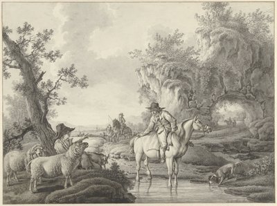 Landscape with a Shepherd and a Rider by a Pool by Barend Hendrik Thier