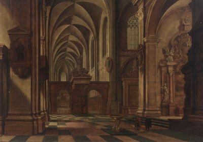 A Catholic Church Interior with Figures and a Dog by a Font in the Foreground by Bartholomeus van Bassen