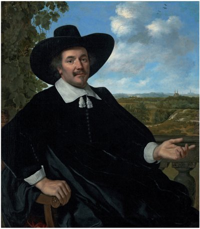 Portrait of Gabriel Marselis, Three-Quarter-Length, Seated, Before a Balustrade, a Landscape with a Country House and a Distant View of Haarlem Beyond by Bartholomeus van der Helst