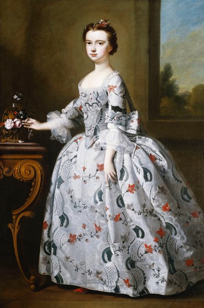 Portrait of a Girl, Full-Length, in a Grey Satin Dress with Elaborate Floral Embroidery, Beside a Basket of Flowers on a Table, a Wooded Landscape Beyond by Bartholomew Dandrige