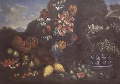 Flowers in a Maiolica Jug with Fruit in a Landscape by Bartolomeo Bimbi