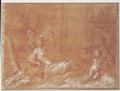Reclining Nymph in a Garden with Fountain, Vase and Three Cupids by Bartolomeo Biscaino