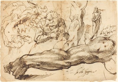 Studies of a Left Arm, a Young Woman, a Madonna and Child, a Face in Profile, and Nude Figures by Bartolomeo Passarotti