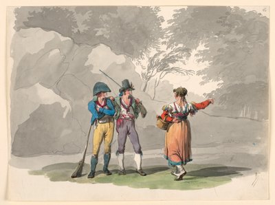 A Woman and Two Men with Guns. Costumes of the Kingdom of Naples by Bartolomeo Pinelli