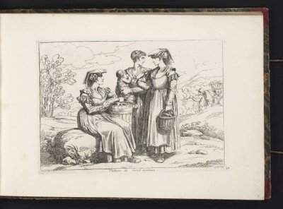 Three Women and a Child from Castel Madama (title on object: Costumes of Castel Madama) (series title: Costume Prints with Figures from Rome and Surroundings) (series title: New Collection of Fifty Costumes from the Surroundings of Rome) by Bartolomeo Pinelli