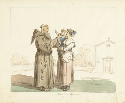 Young Woman with Child Standing Before a Monk by Bartolomeo Pinelli