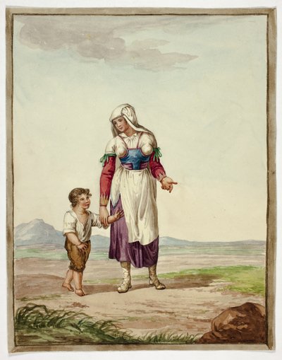Woman in Native Costume with Boy on Road by Bartolomeo Pinelli