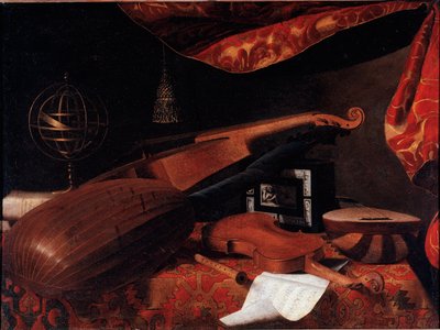 Still Life with Musical Instruments (Violin, Lute and Spinette and Armillary Sphere) - Painting by Bartolomeo Bettera, circa 1660 by Bartolommeo Bettera