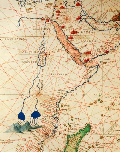 The Indian Ocean and part of Asia and Africa: the course of the Nile river, from Atlas of the World in thirty-three Maps by Battista Agnese