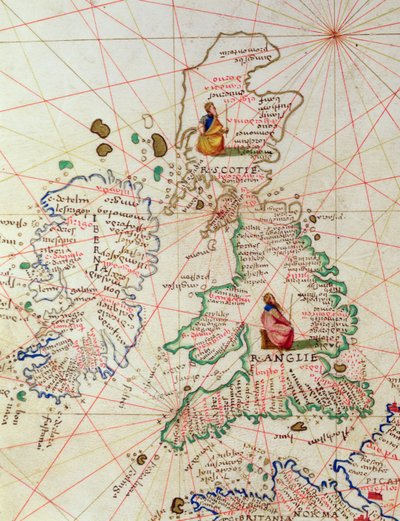 The Kingdoms of England and Scotland, from an Atlas of the World in 33 Maps, Venice, 1st September 1553 (detail) by Battista Agnese