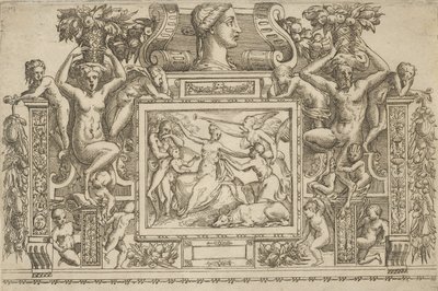 Woman seated with arms outstretched, personification of Fame with trumpet at right... by Battista del Moro