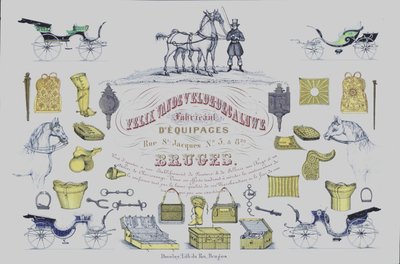 Advertisement for Felix Van de Velde-Decaluwe, manufacturers of horse-drawn carriages, Bruges, Belgium by Belgian School