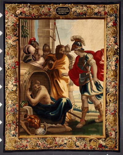 Diogene and Alexander: encounter between the Greek philosopher Diogene de Sinope (413-327 BC) in his barrel and King Alexander the Great (356-323 BC) in Corinth. When the conqueror asked him what he wanted, Diogene answered: Take a little off my sun. Tap by Belgian School