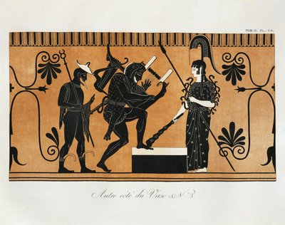 Scene from ancient Greek vase with Heracles playing lyre before Athena with Hermes standing behind him by Piringer (after Greek original) by Benedict or Benedikt Piringer