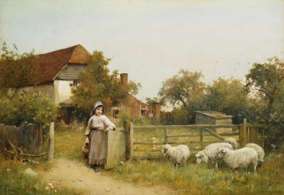 Young Girl with Sheep, by a Cottage by Benjamin D. Sigmund
