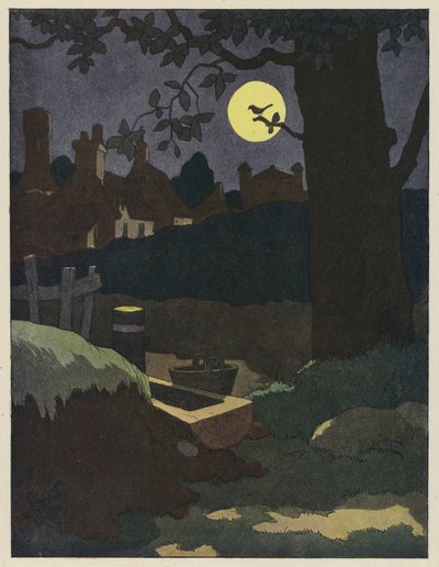 Bird on a Branch Silhouetted Against the Full Moon by Benjamin Rabier