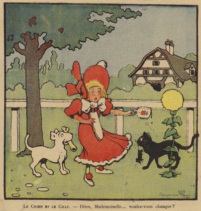 Cartoon of a girl caught between her dog with a bone and her cat with a mouse by Benjamin Rabier