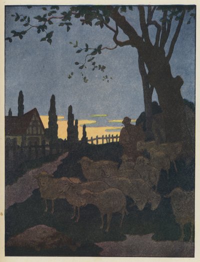 Flock of Sheep Beneath a Tree at Twilight by Benjamin Rabier