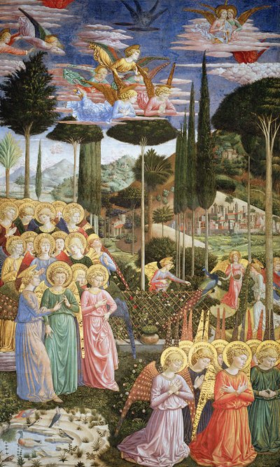 Angels in a heavenly landscape, the left hand wall of the apse, from the Journey of the Magi cycle in the chapel c.1460 by Benozzo di Lese di Sandro Gozzoli