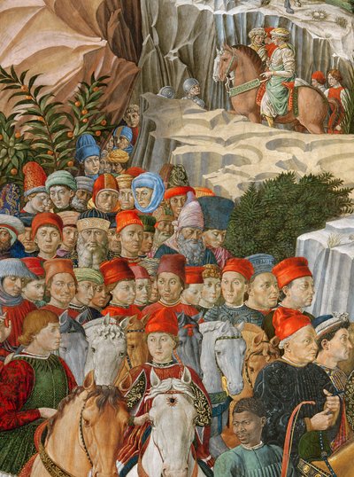 Faces in the procession, including a self portrait by Gozzoli, detail from the Journey of the Magi cycle in the chapel, c.1460 by Benozzo di Lese di Sandro Gozzoli