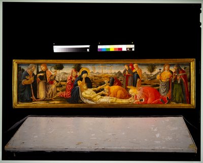 Predella Panel - Lamentation with Two Male Saints Introducing Two Male Demons by Benozzo di Lese di Sandro Gozzoli