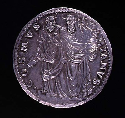 Reverse of Silver Coin Depicting SS Cosimo and Damien Standing and Gazing at One Another by Benvenuto Cellini