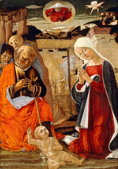 The Nativity, with the Annunciation to the Shepherds in the Distance by Benvenuto di Giovanni