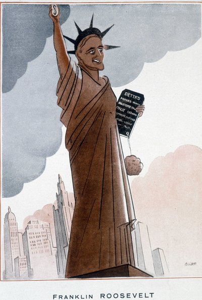 Cartoon by Franklin Roosevelt in Statue of Liberty - Illustration by Bernard Becan (Bernhard Kahn) (1890-1943) In “Fantasio” from 01/12/1932 by Bernard Becan