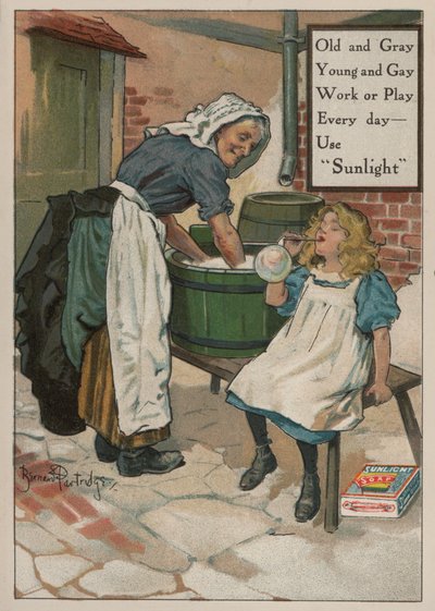 Young Girl Blowing Bubbles While Her Grandmother Does the Washing: Advertisement for Sunlight Soap by Bernard Partridge