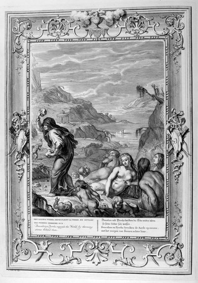 Deucalion and Pyrrha repeople the world by throwing stones behind them, 1733 by Bernard Picart