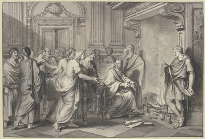A Roman throws paper rolls into the fire in the presence of many people by Bernard Picart