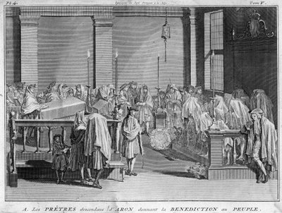 High Priest of Israel belonging to the Jewish priestly families that trace their paternal line back to Aaron give their benediction to the Jewish people. Engraving from 