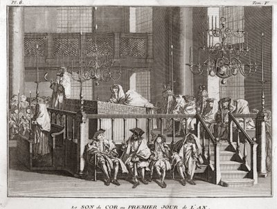 Judaism: the sound of the horn on the first day of the year (sound of the shofar on Rosh Hashana) Engraving from Illustration of religious ceremonies and customs of all peoples by Bernard Picart