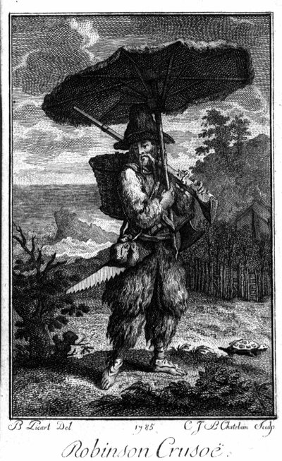 Representation of Robinson Crusoe on his deserted island. Engraving by Bernard Picart (1673-1733) illustrating the novel by Daniel Defoe (1660-1731) by Bernard Picart