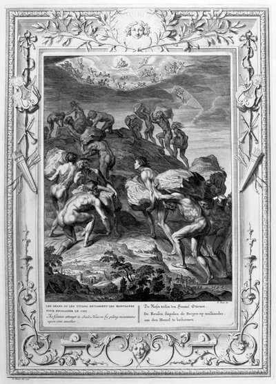 The giants attempt to scale Heaven by piling mountains upon one another, 1733 by Bernard Picart