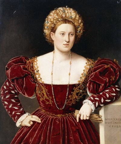Portrait of a Lady, Three-Quarter-Length, in a Burgundy Dress with Slashed Sleeves, Holding Gloves by Bernardino Licinio