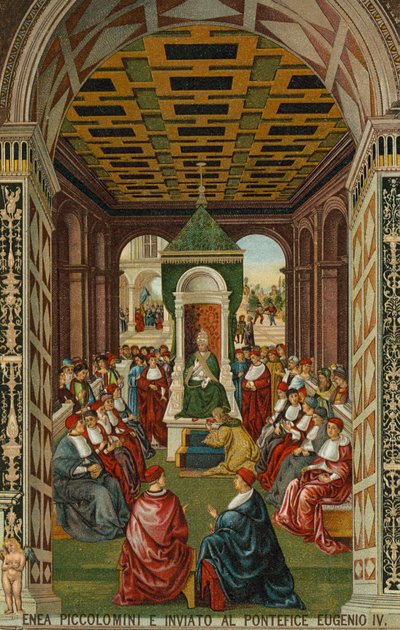 Enea Piccolomini before Pope Eugene IV by Bernardino di Betto (after) Pinturicchio