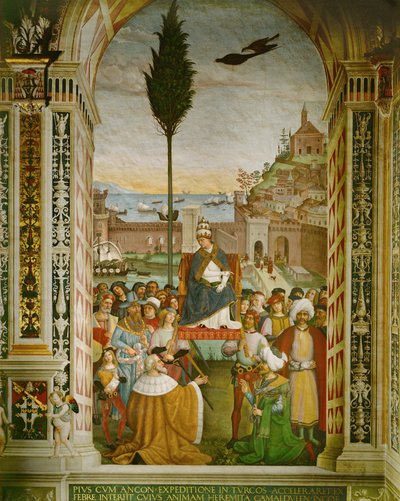 Aeneas Silvius Piccolomini, Pope Pius II in the port of Ancona, Italy, where he died, while waiting for the crusaders to assemble by Bernardino di Betto Pinturicchio