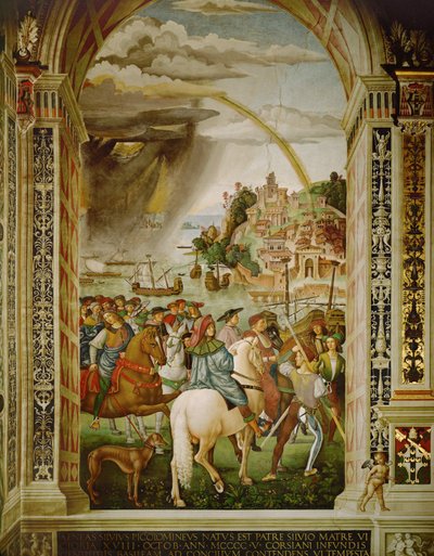Aeneas Silvius Piccolomini, secretary to cardinal Capranica, arrives at Talamone on his way to the Council of Basle by Bernardino di Betto Pinturicchio