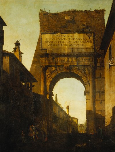 The Arch of Titus, Rome, with the Wall and Gate of the Farnese Gardens and the Temple of Castor and Pollux Beyond, Two Tourists in the Foreground by Bernardo Bellotto